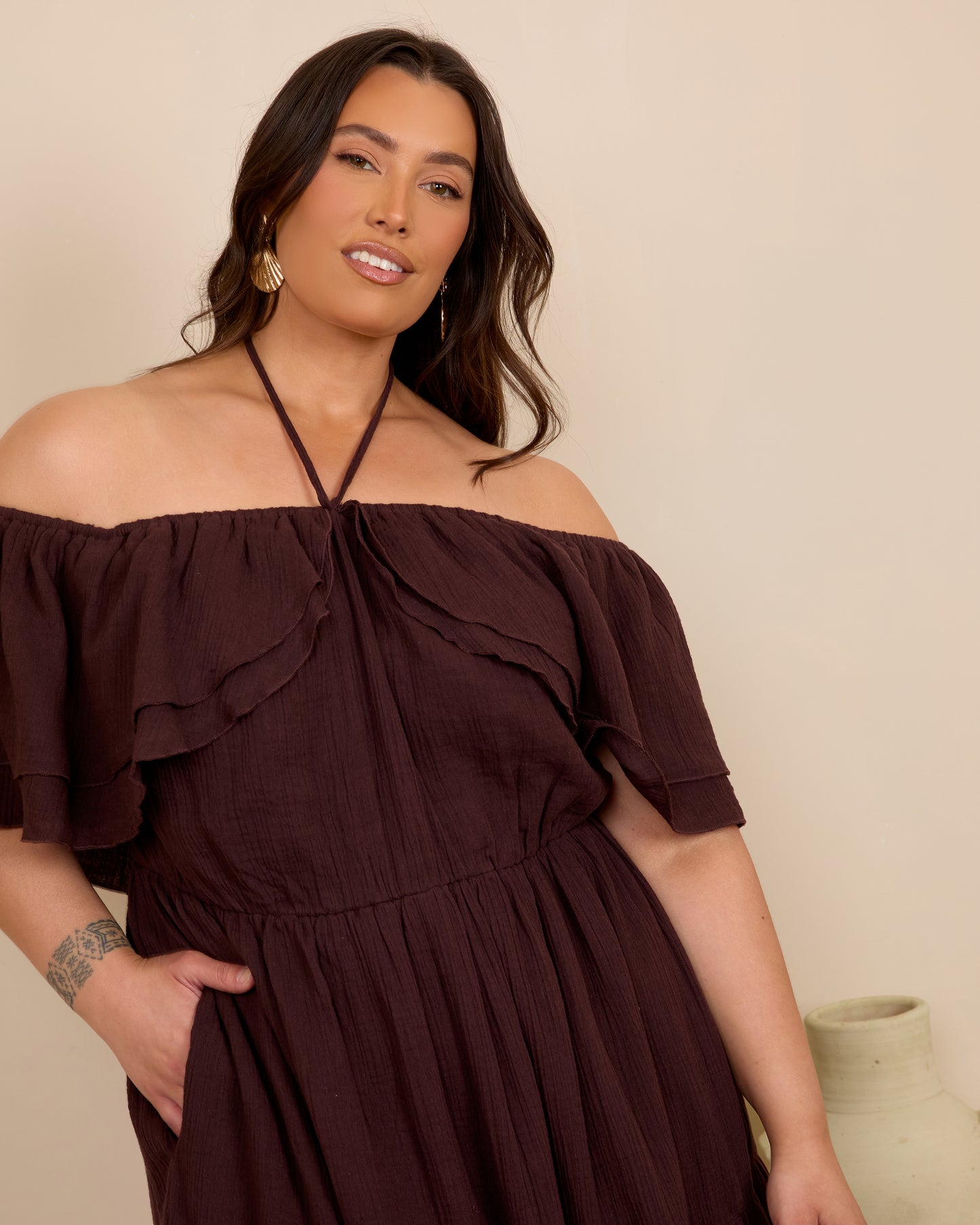 ESPRESSO OFF SHOULDER COTTON MINI SKORT DRESS