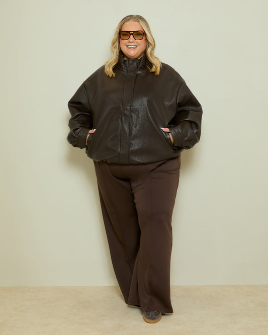 PU FUNNEL NECK BOMBER JACKET- DARK CHOCOLATE