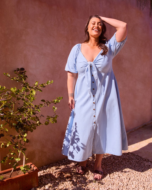 DENIM TIE FRONT MIDAXI DRESS