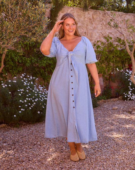 DENIM TIE FRONT MIDAXI DRESS