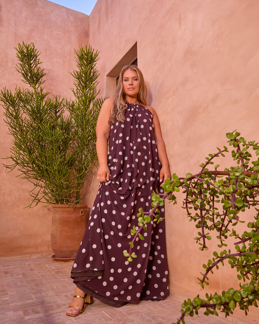 POLKA DOT BELTED TRAPEZE MAXI DRESS
