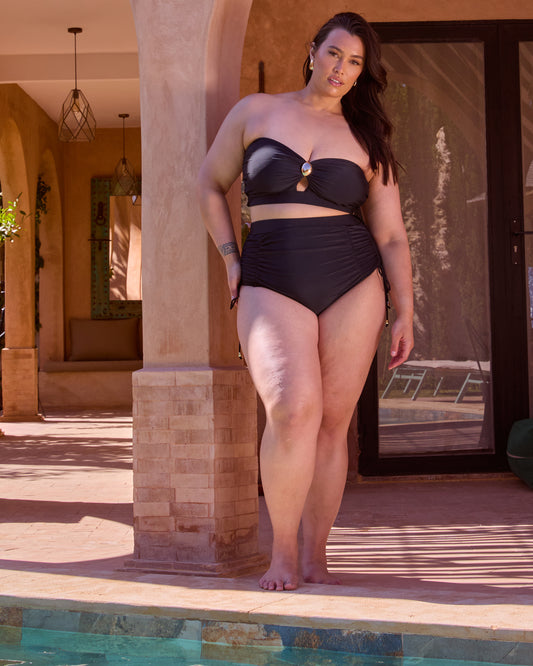 BLACK RUCHED HIGH WAISTED BIKINI BOTTOMS