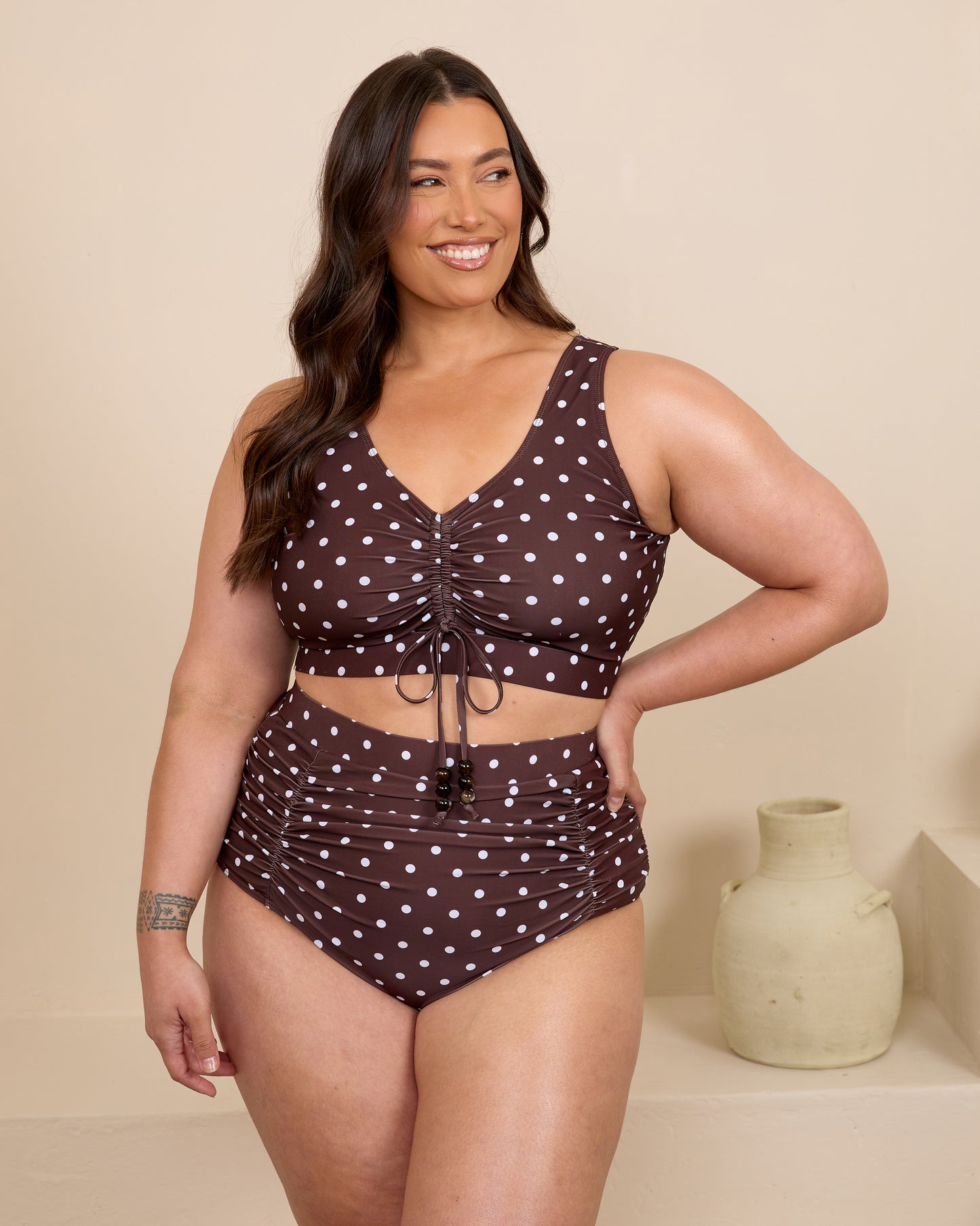ESPRESSO POLKA DOT SCOOP NECK BIKINI TOP