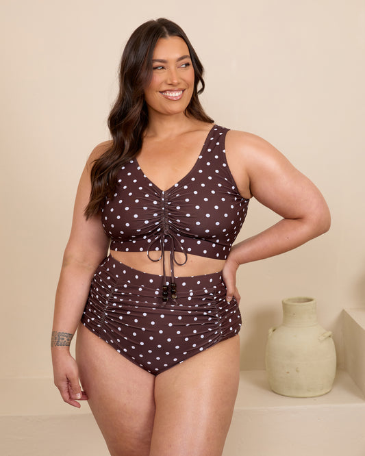 ESPRESSO POLKA DOT RUCHED HIGH WAISTED BIKINI BOTTOMS