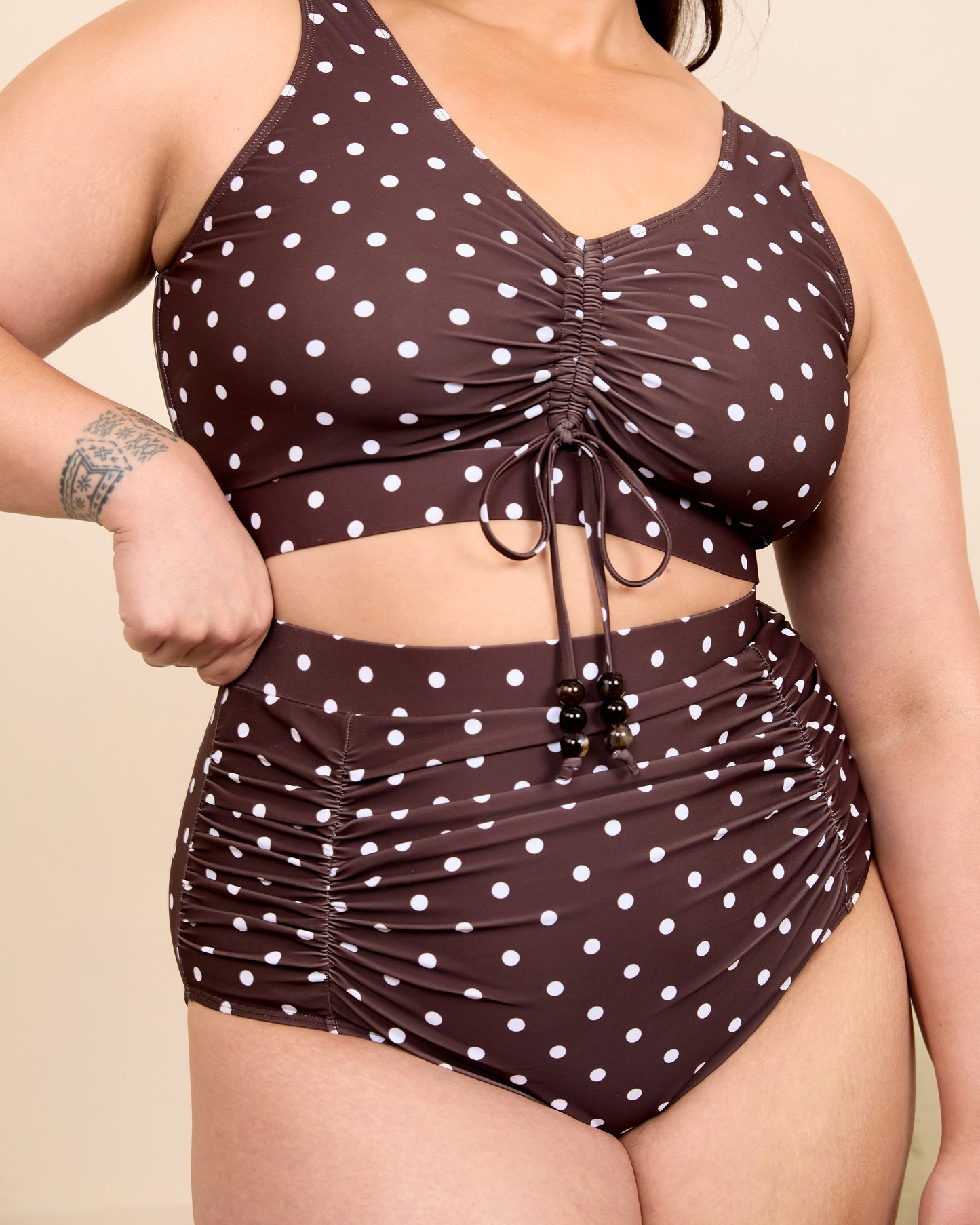 ESPRESSO POLKA DOT RUCHED HIGH WAISTED BIKINI BOTTOMS