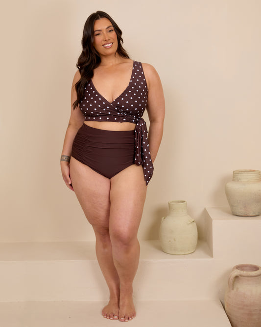 ESPRESSO RUCHED HIGH WAISTED BIKINI BOTTOMS