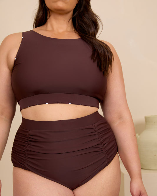 ESPRESSO RUCHED HIGH WAISTED BIKINI BOTTOMS