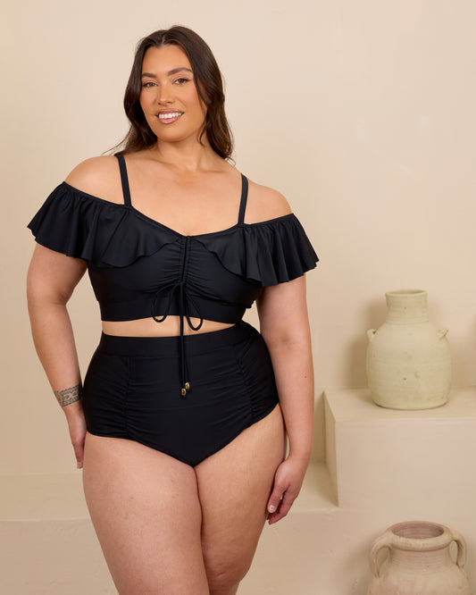 BLACK RUFFLE RUCHED BIKINI TOP
