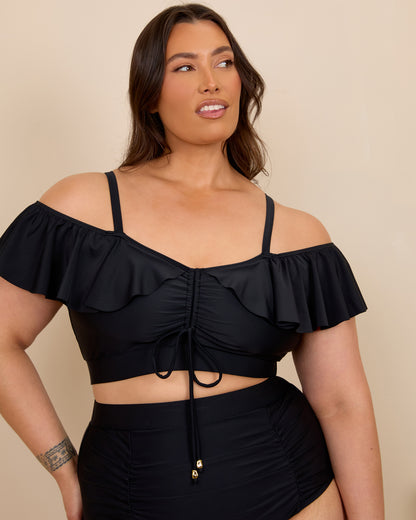 BLACK RUFFLE RUCHED BIKINI TOP