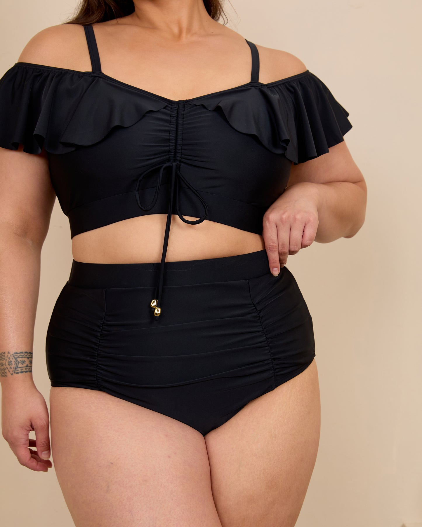 BLACK RUCHED HIGH WAISTED BIKINI BOTTOMS