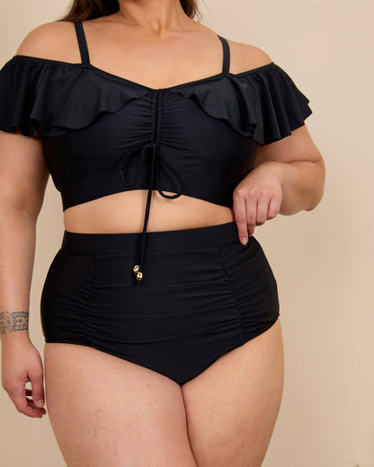 BLACK RUCHED HIGH WAISTED BIKINI BOTTOMS