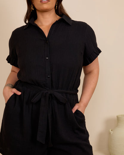 BLACK FRILL SLEEVE COTTON PLAYSUIT