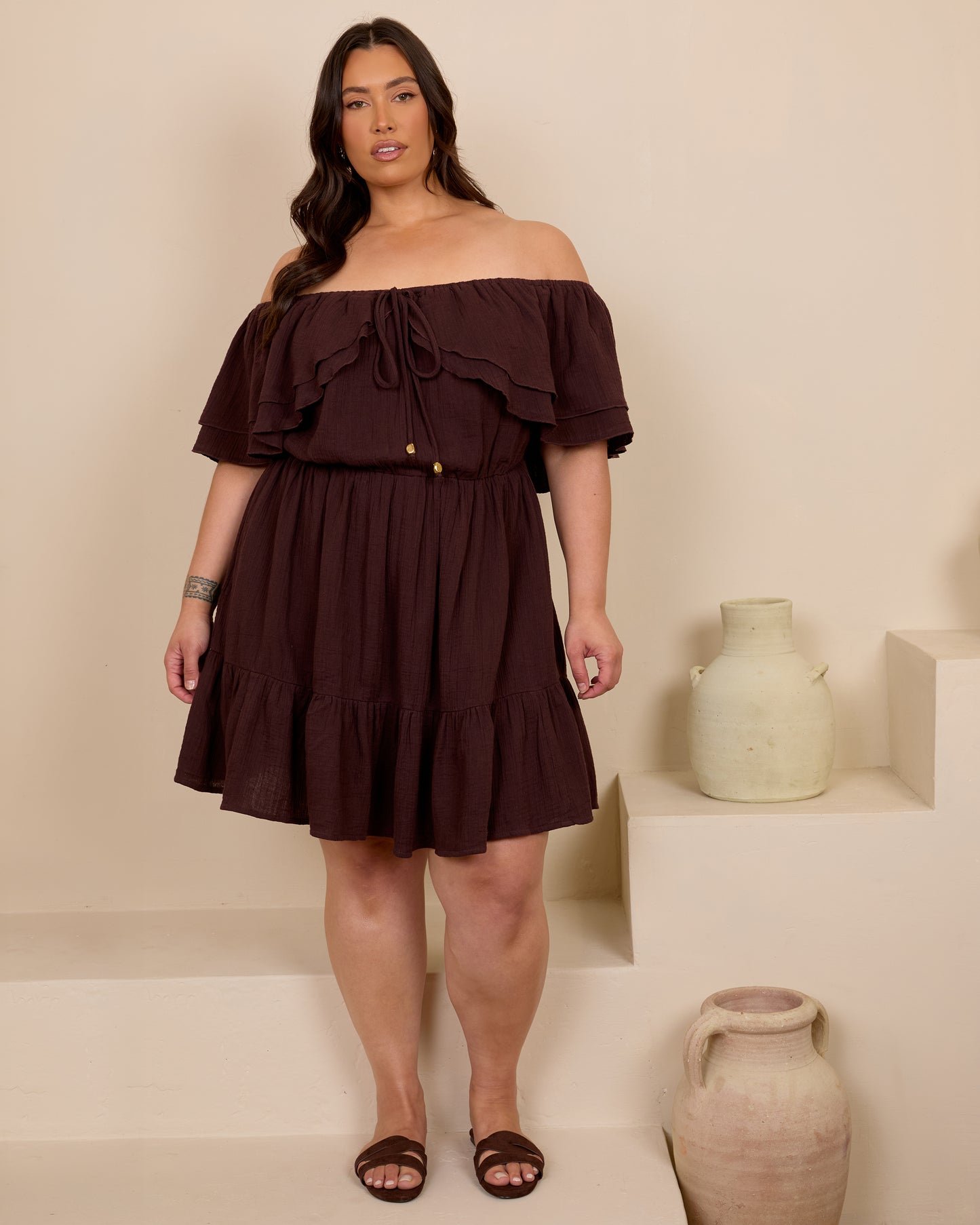 ESPRESSO OFF SHOULDER COTTON MINI SKORT DRESS – Deserve