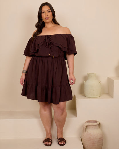 ESPRESSO OFF SHOULDER COTTON MINI SKORT DRESS
