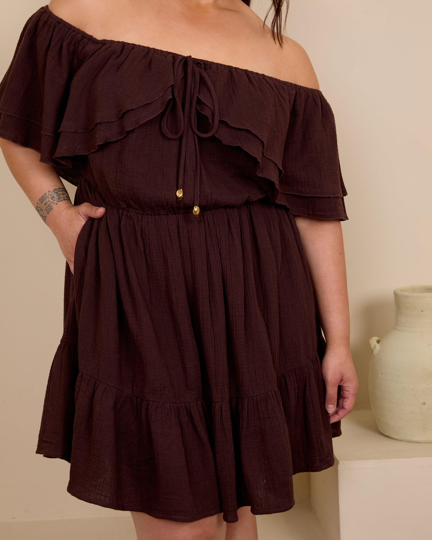 ESPRESSO OFF SHOULDER COTTON MINI SKORT DRESS
