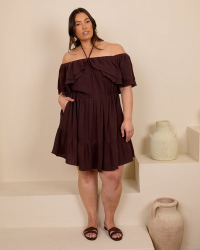 ESPRESSO OFF SHOULDER COTTON MINI SKORT DRESS