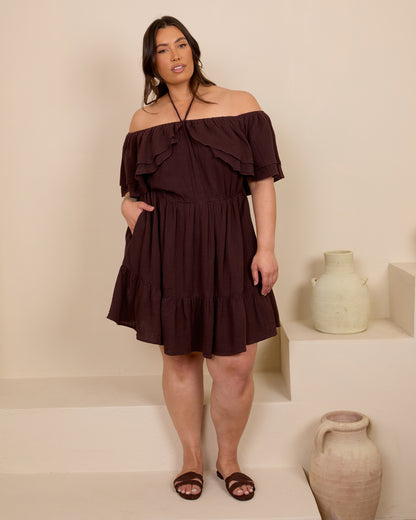 ESPRESSO OFF SHOULDER COTTON MINI SKORT DRESS