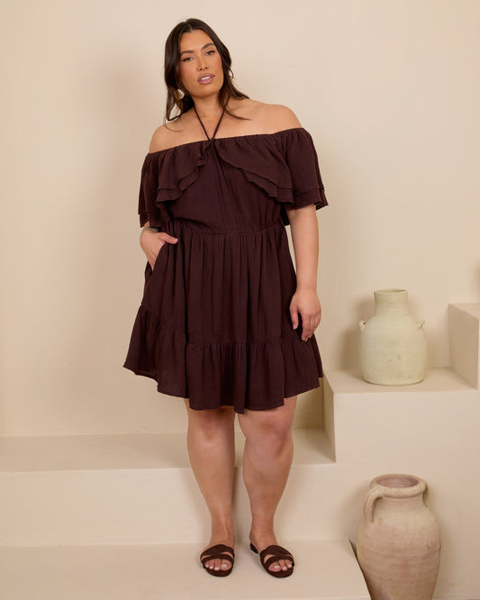 ESPRESSO OFF SHOULDER COTTON MINI SKORT DRESS