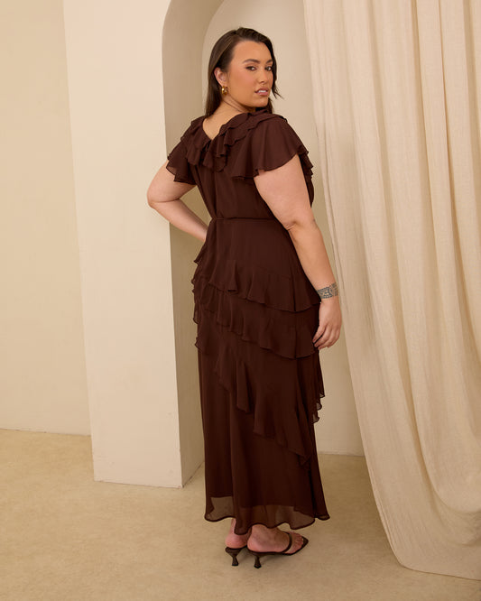 RUFFLE WRAP CHIFFON MAXI DRESS