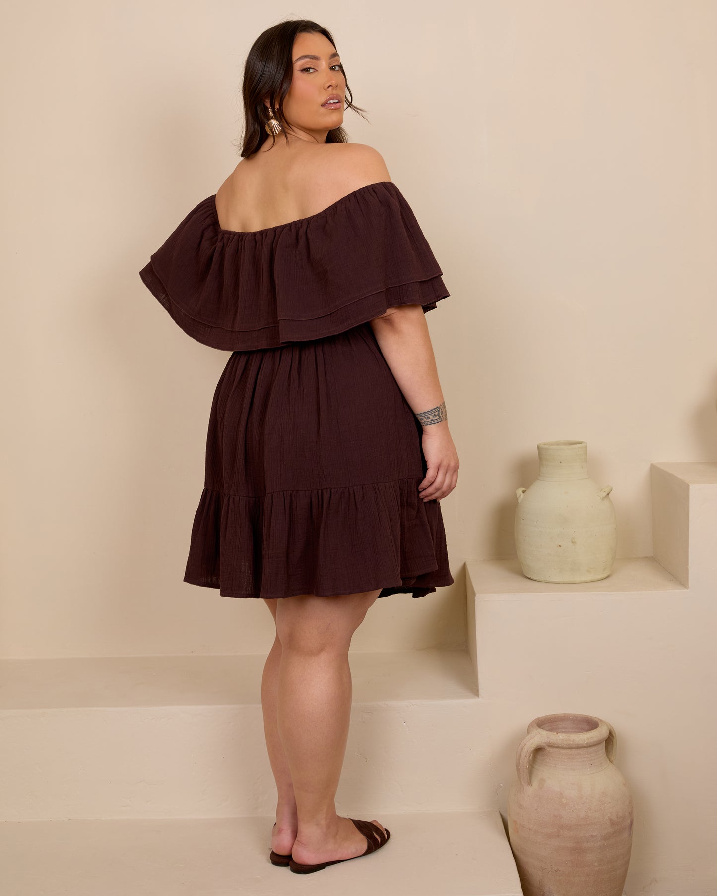 ESPRESSO OFF SHOULDER COTTON MINI SKORT DRESS