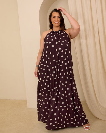 ESPRESSO POLKA DOT BELTED TRAPEZE MAXI DRESS