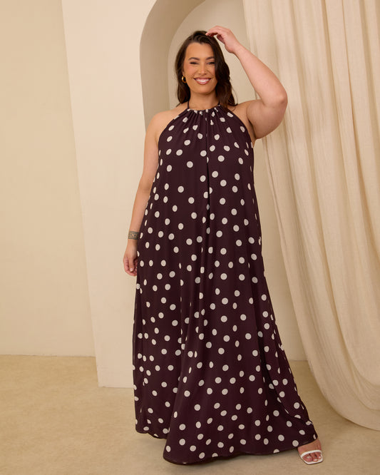 POLKA DOT BELTED TRAPEZE MAXI DRESS