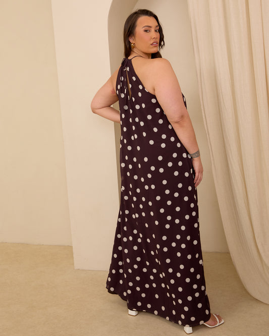 POLKA DOT BELTED TRAPEZE MAXI DRESS