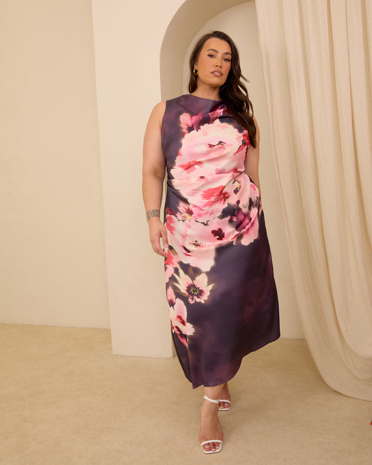 SATIN FLORAL COWL MIDI DRESS