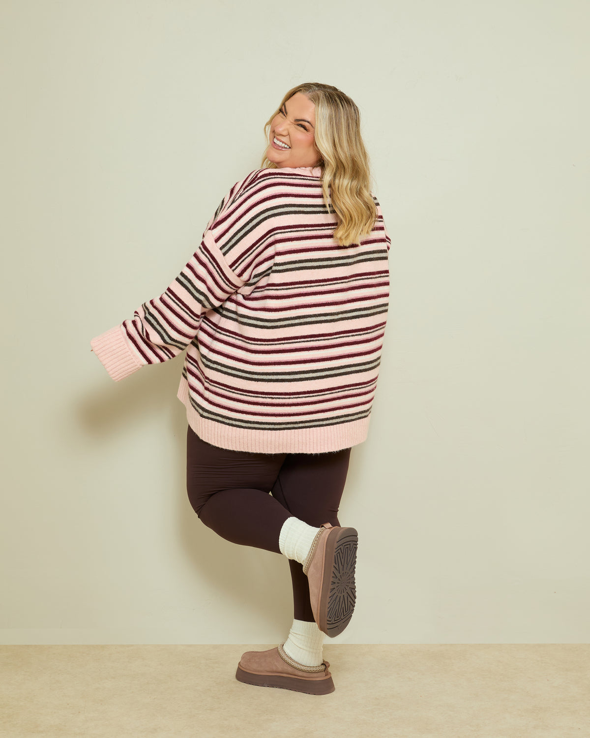 SOFT KNIT STRIPE LONGLINE JUMPER- PINK