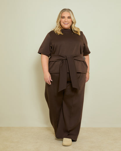 STRUCTURED PINTUCK WIDE LEG TROUSERS- CHOCOLATE