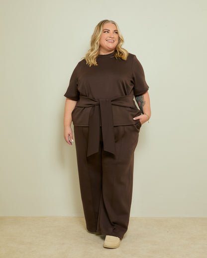 STRUCTURED TIE FRONT T-SHIRT- CHOCOLATE