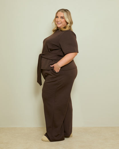 STRUCTURED PINTUCK WIDE LEG TROUSERS- CHOCOLATE