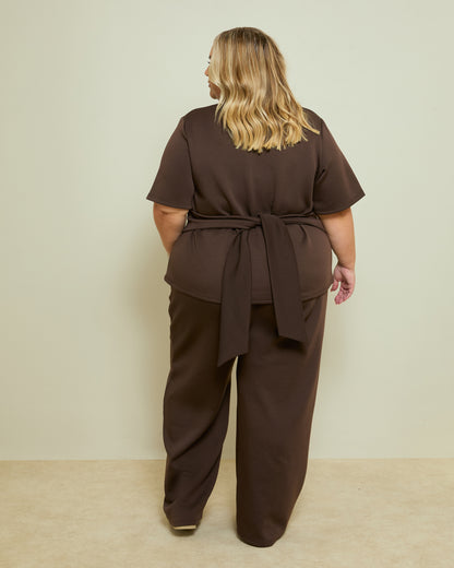 STRUCTURED PINTUCK WIDE LEG TROUSERS- CHOCOLATE