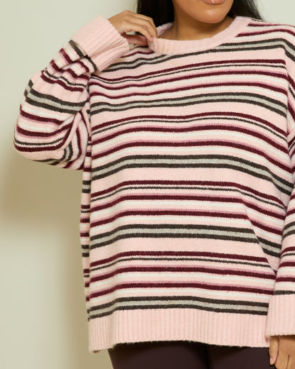 SOFT KNIT STRIPE LONGLINE JUMPER- PINK