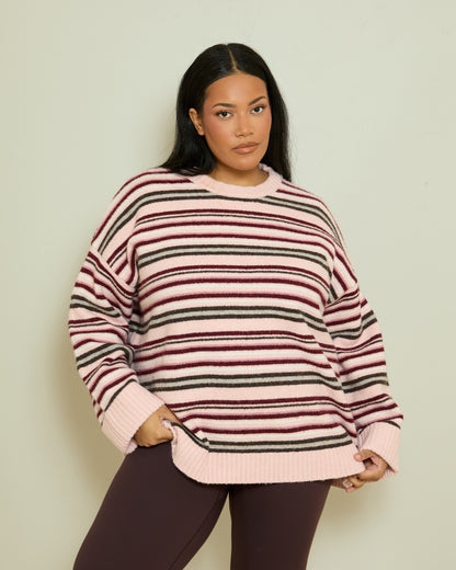 SOFT KNIT STRIPE LONGLINE JUMPER- PINK