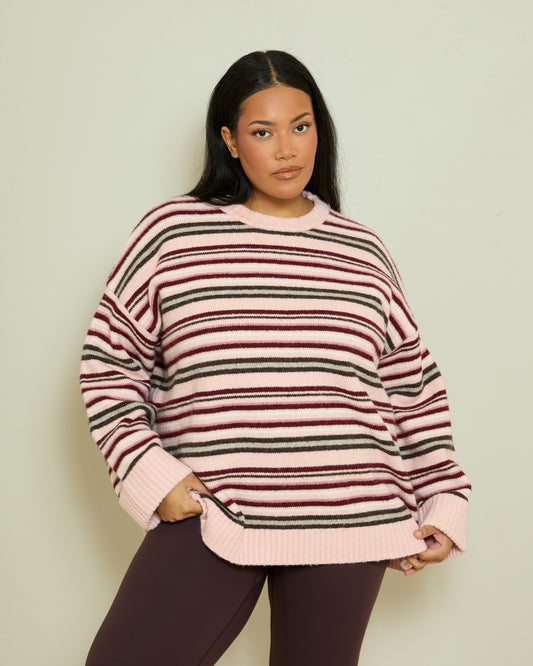 SOFT KNIT STRIPE LONGLINE JUMPER- PINK