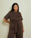 STRUCTURED TIE FRONT T-SHIRT- CHOCOLATE
