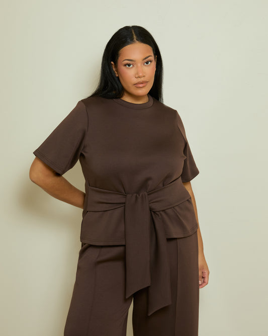 STRUCTURED TIE FRONT T-SHIRT- CHOCOLATE