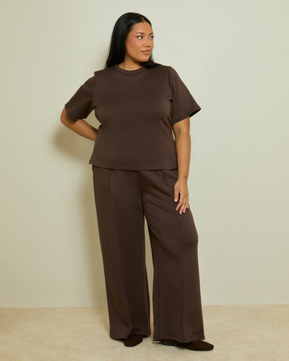 STRUCTURED PINTUCK WIDE LEG TROUSERS- CHOCOLATE