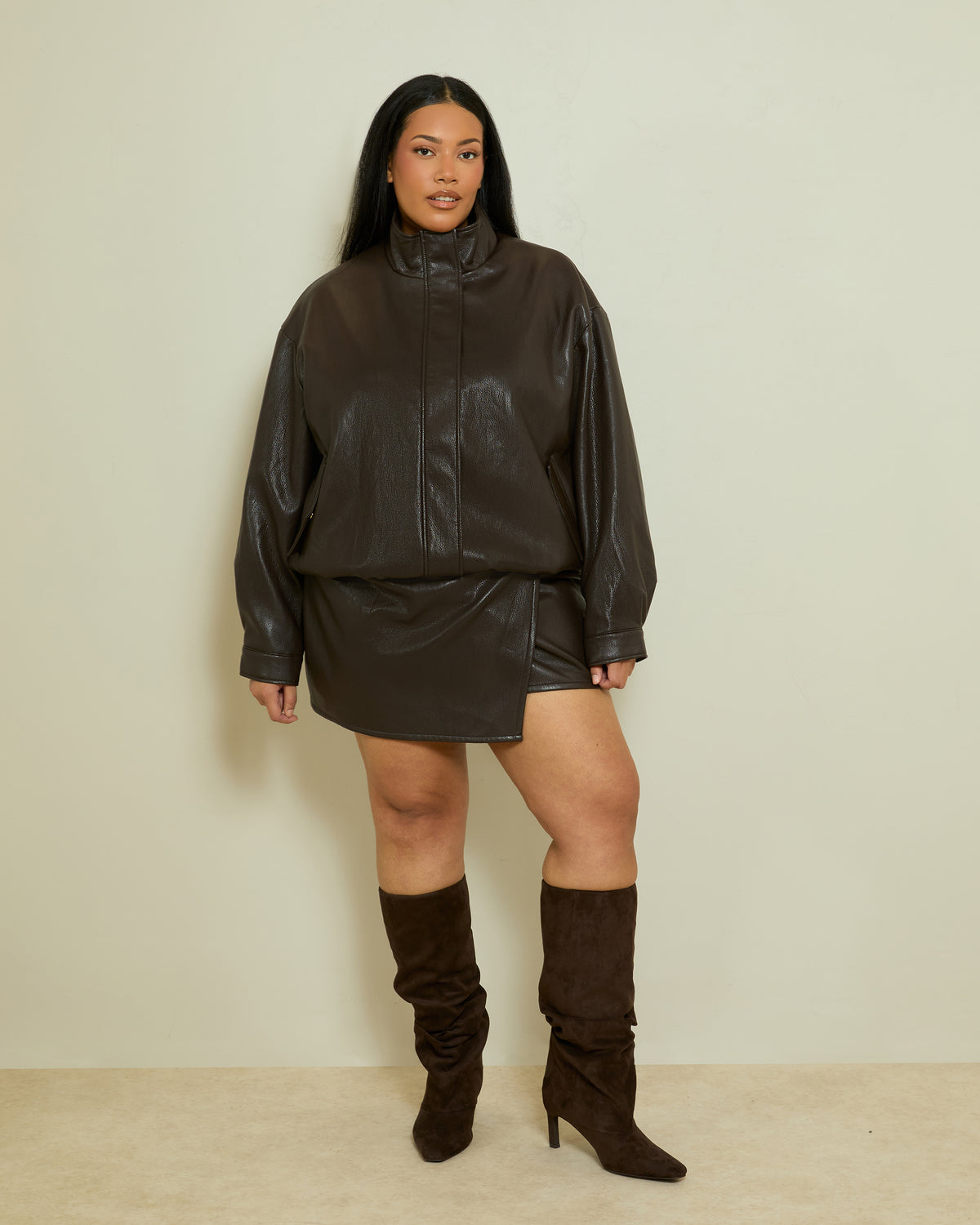 PU FUNNEL NECK BOMBER JACKET- DARK CHOCOLATE