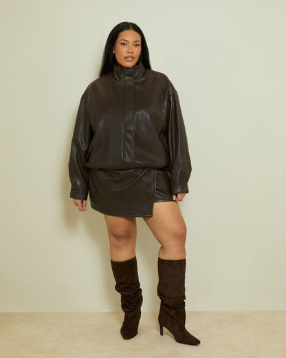PU FUNNEL NECK BOMBER JACKET- DARK CHOCOLATE