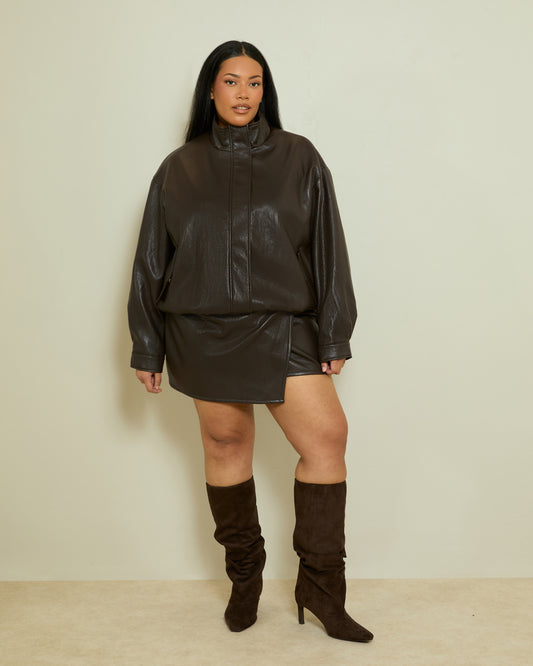 PU FUNNEL NECK BOMBER JACKET- DARK CHOCOLATE