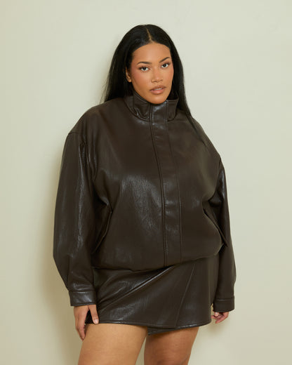 PU FUNNEL NECK BOMBER JACKET- DARK CHOCOLATE