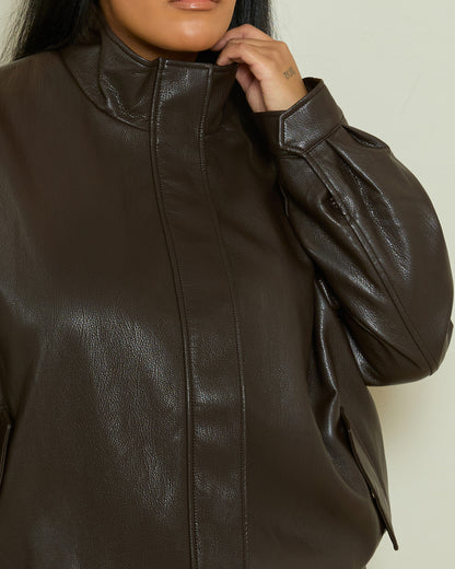 PU FUNNEL NECK BOMBER JACKET- DARK CHOCOLATE