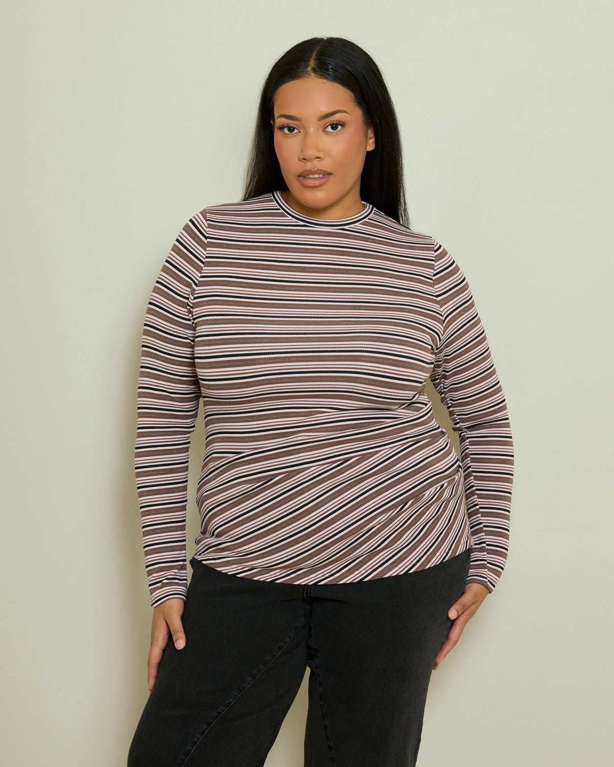 STRIPE RUCHED LONGLINE TOP- CHOCOLATE