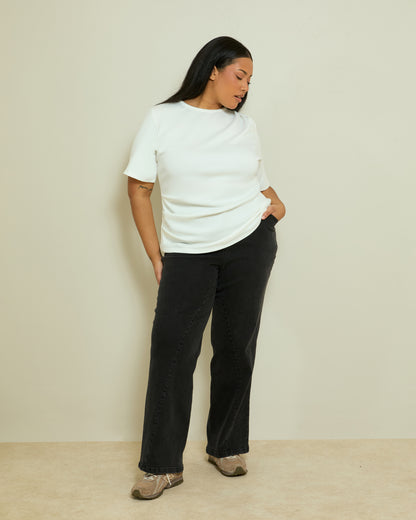 STRUCTURED PLEAT DETAIL T-SHIRT- IVORY