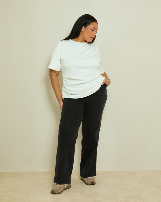STRUCTURED PLEAT DETAIL T-SHIRT- IVORY