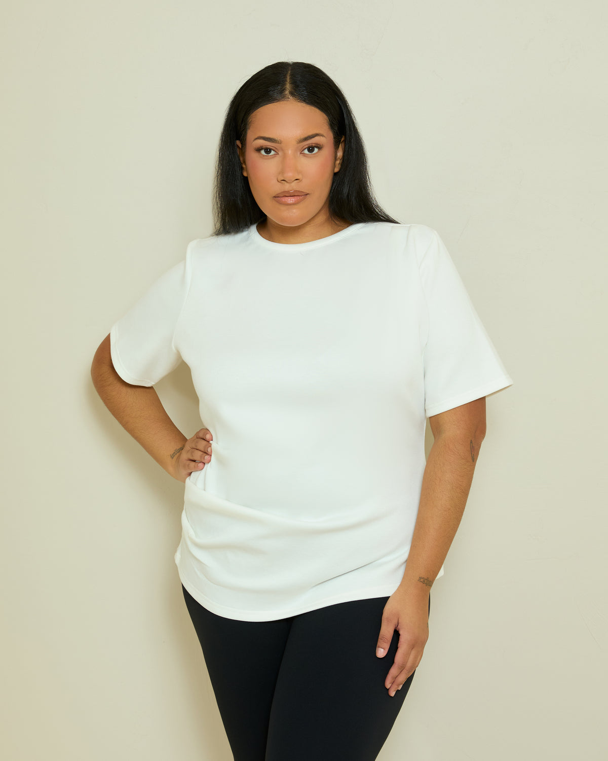 STRUCTURED PLEAT DETAIL T-SHIRT- IVORY
