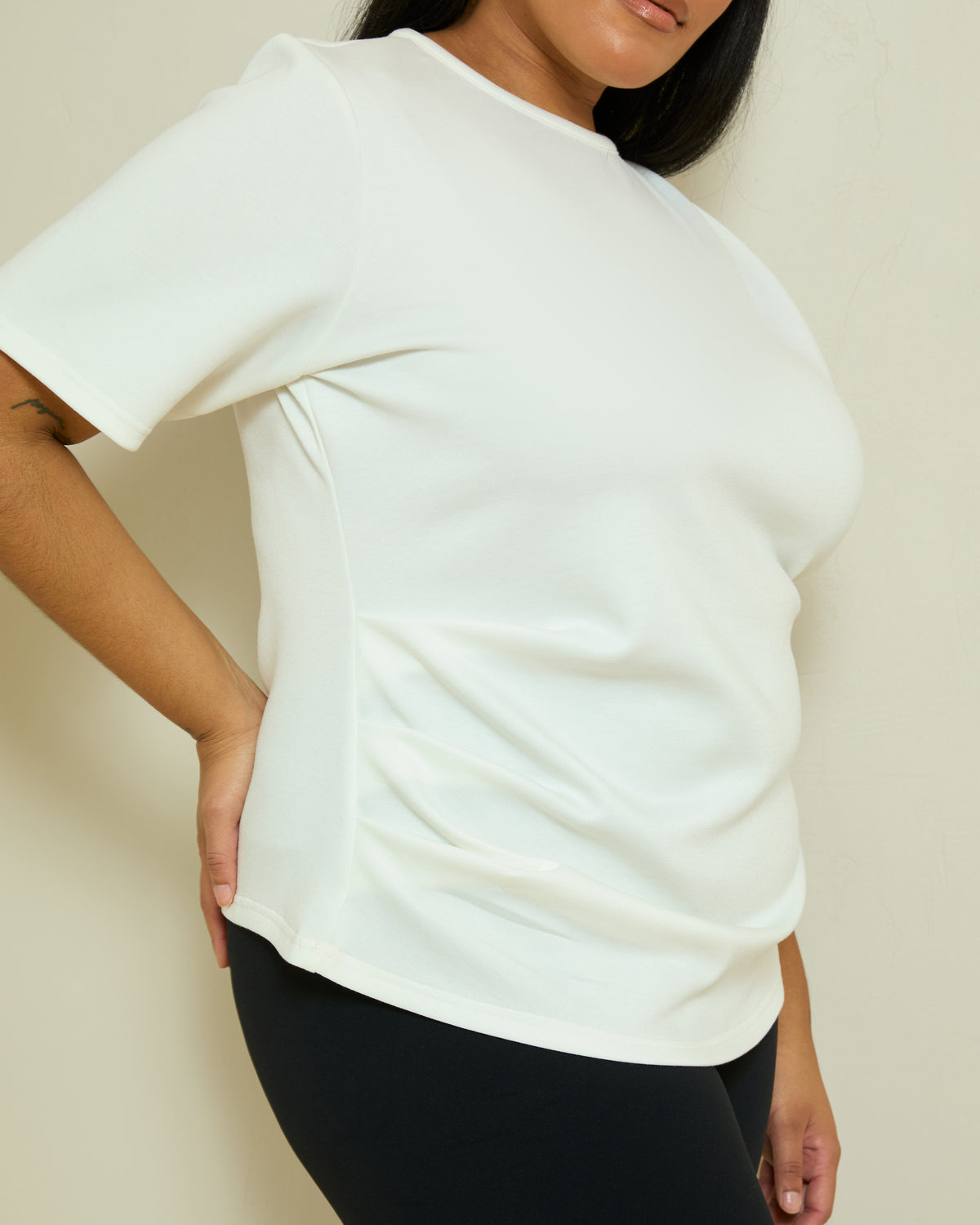 STRUCTURED PLEAT DETAIL T-SHIRT- IVORY