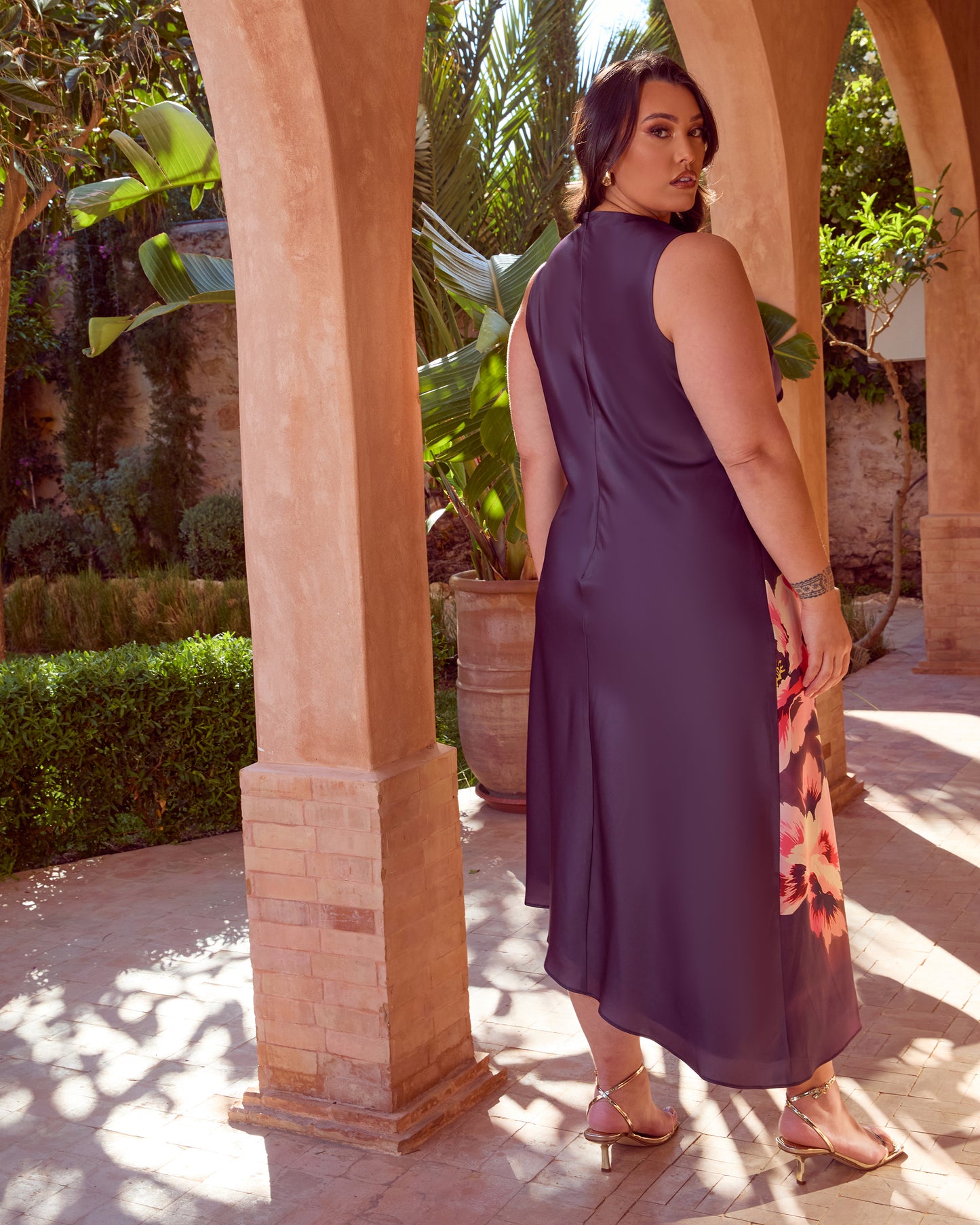 SATIN FLORAL COWL MIDI DRESS